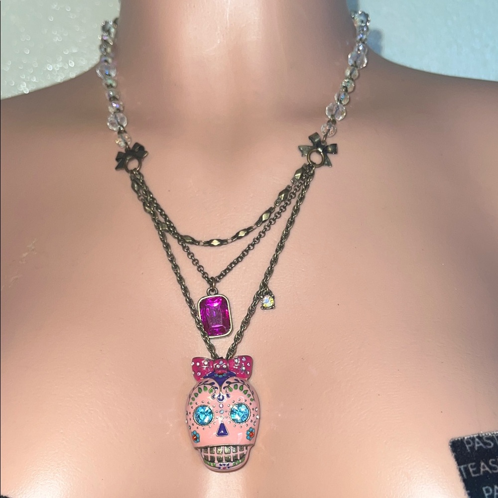 Betsey Johnson Pink Sugar Skull Layered Necklace with Blue Accents
